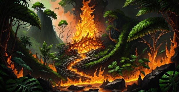 pintura de fondo de la jungla de una escena de la jungla con una planta verde y una frondosa verde Nuevo ai generativo