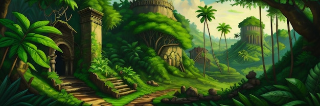 pintura de fondo de la jungla de una escena de la jungla con una planta verde y una frondosa verde Nuevo ai generativo