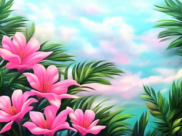 Pintura de fondo tropical floral de hermosa naturaleza sobre lienzo de papel IA generativa