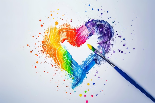 Pintura en forma de corazón con pincel y color arco iris en el lienzo