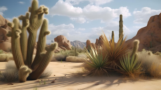 Pintura fosca de cactos fotorrealistas em ambiente desértico com profundidade de campo Unreal 5 8K