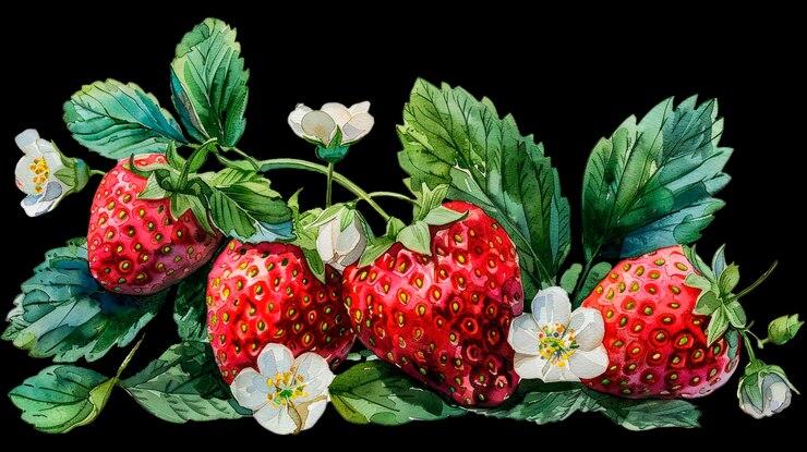 una pintura de fresas y flores con un fondo negro