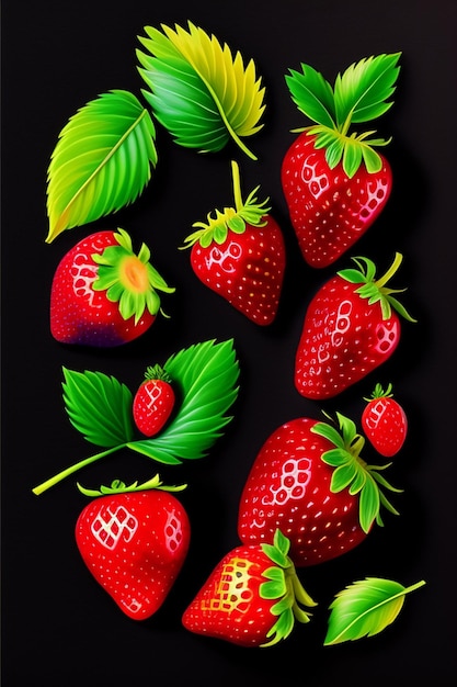 Una pintura de fresas con hojas verdes y la palabra fresa.