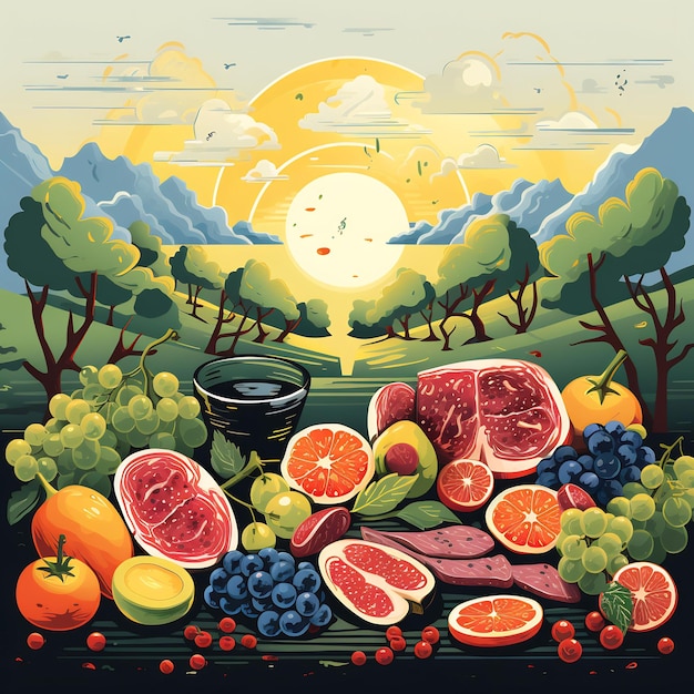 una pintura de fruta y un sol en el cielo