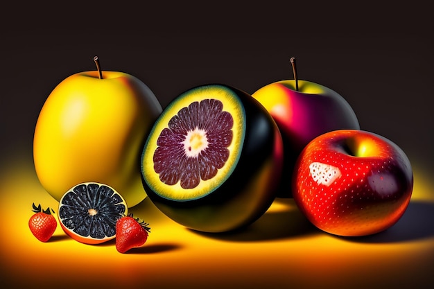 Una pintura de frutas con un fondo oscuro.