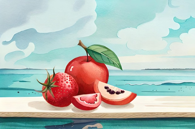 Una pintura de frutas en un tablero con una playa al fondo.