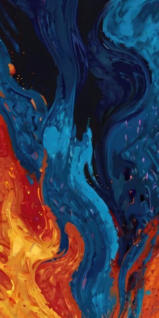 una pintura de un fuego en el agua con los colores de azul naranja y amarillo