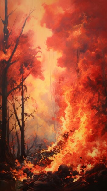 Foto una pintura de un fuego ardiendo en un bosque