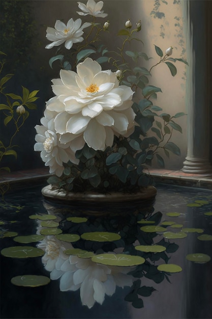 Una pintura de una fuente de agua con una gran flor blanca en el centro.
