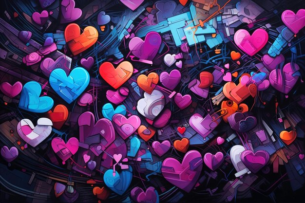 Pintura futurista colorida com padrão de coração de fundo cartão de Dia dos Namorados