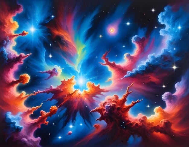 una pintura de una galaxia con el sol brillando a través de ella