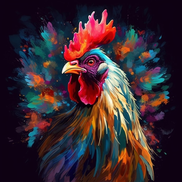 pintura de un gallo con una cabeza colorida y un fondo negro ai generativo