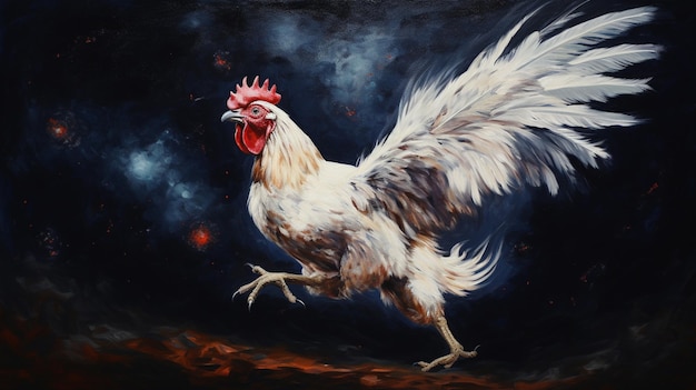pintura de un gallo con una cabeza roja y cola blanca generativa ai