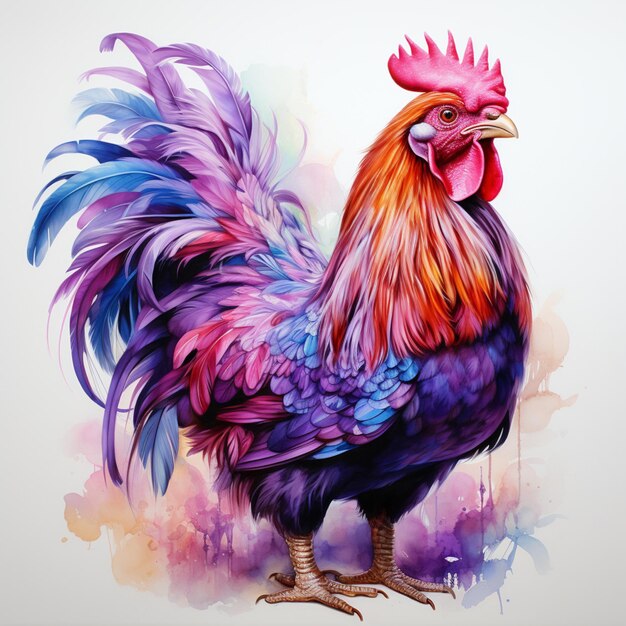 pintura de un gallo colorido con un fondo blanco generativo ai