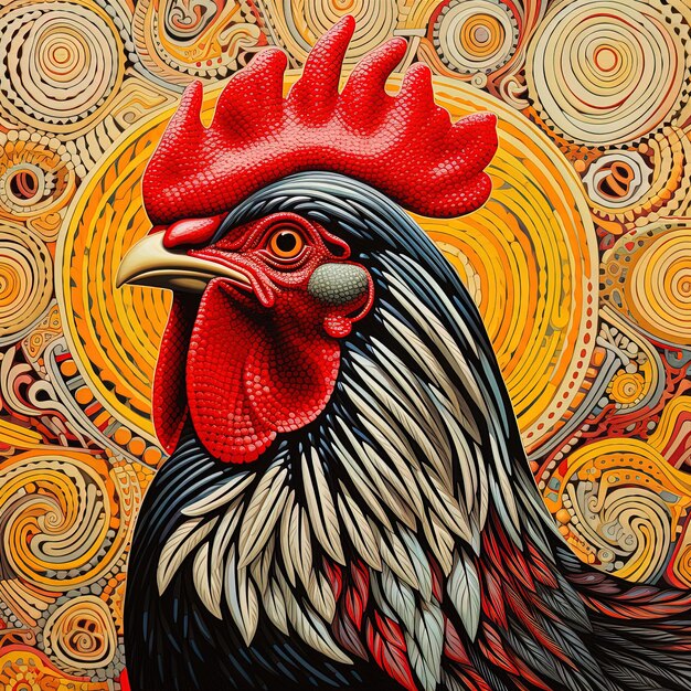 una pintura de un gallo con una corona roja en él