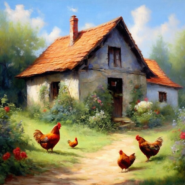 Pintura de gallo y gallina frente a una vieja casa rural