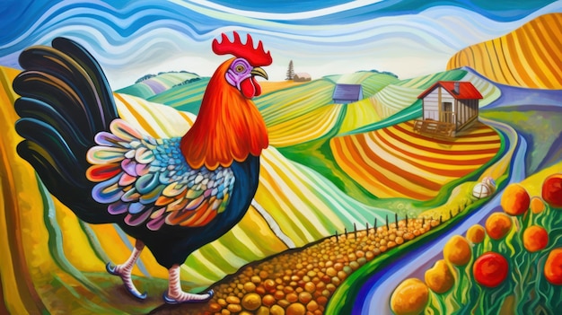 Una pintura de un gallo con una granja al fondo.
