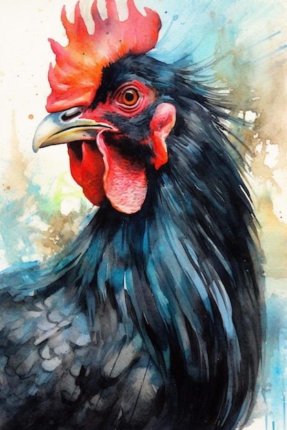 pintura de un gallo con peineta roja y plumas negras ai generativo