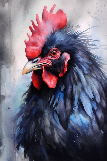 Foto pintura de un gallo con peineta roja y plumas negras ai generativo