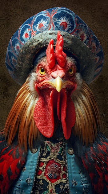 Una pintura de un gallo con un sombrero que dice "pollo"