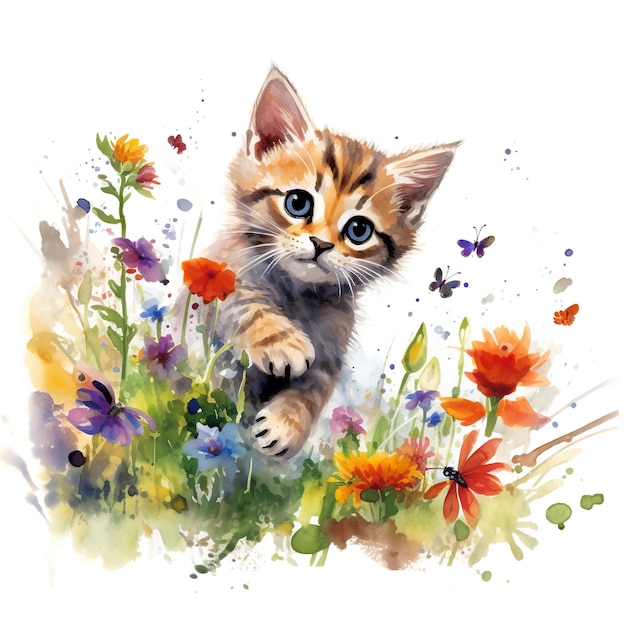 Una pintura de un gatito en un campo de flores Imagen generativa de IA