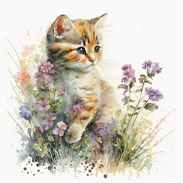 Una pintura de un gatito en un campo de flores.