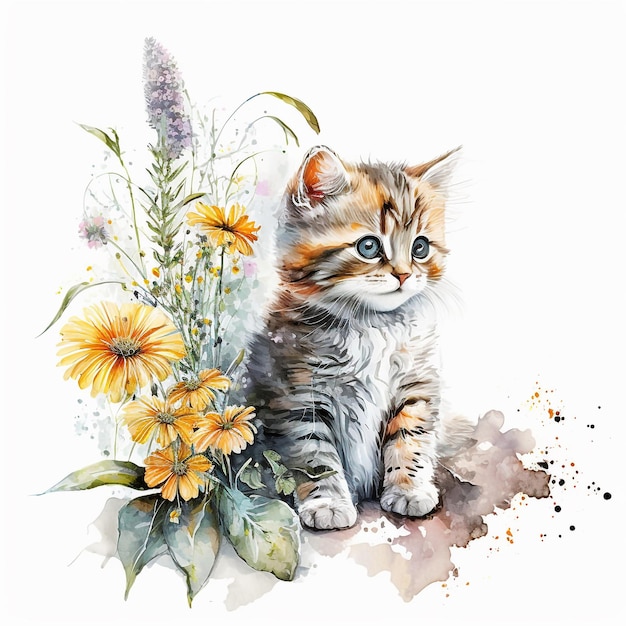 Una pintura de un gatito con flores y hojas.