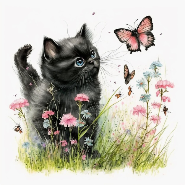 pintura de un gatito negro en un campo de flores con una mariposa ai generativa