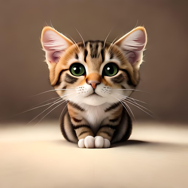 Una pintura de un gatito con ojos verdes está sobre un fondo marrón.