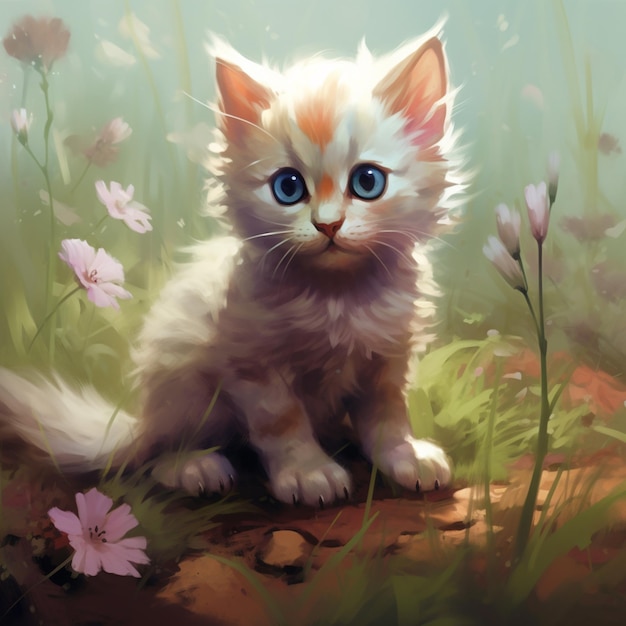 Pintura de un gatito sentado en la hierba con flores generativa ai