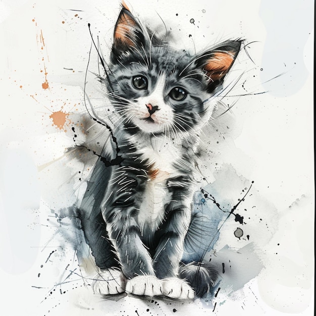 pintura de un gatito sentado en una superficie blanca con un fondo salpicado