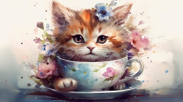 Una pintura de un gatito en una taza de té con flores.