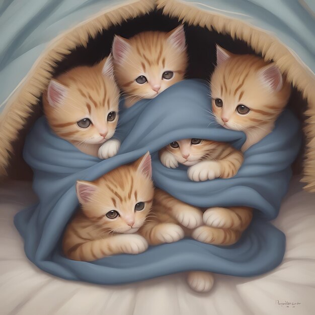 pintura de unos gatitos adorables acurrucados juntos en una manta acogedora IA generativa