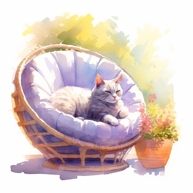 pintura de un gato acostado en una silla de mimbre junto a una planta en maceta ai generativo