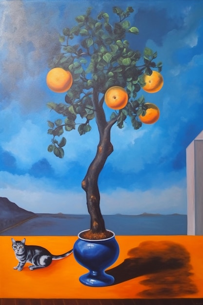 Una pintura de un gato y un árbol con naranjas.