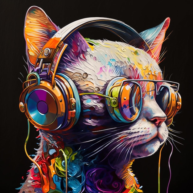 Una pintura de un gato con auriculares y gafas.