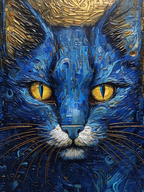 pintura de un gato azul con ojos amarillos y una corona dorada ai generativo