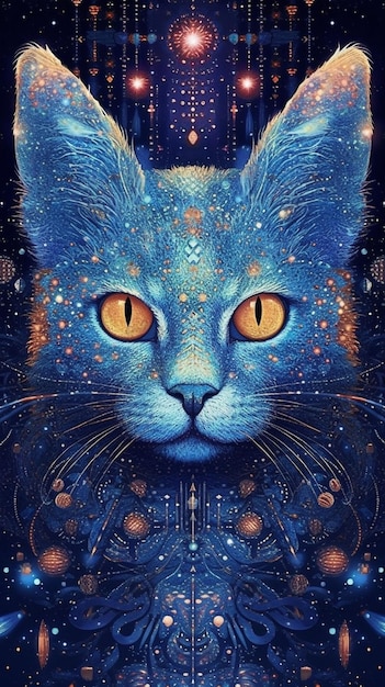 Una pintura de un gato azul con ojos amarillos y un fondo negro.