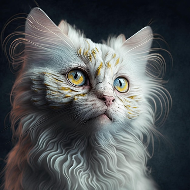 Una pintura de un gato blanco con ojos amarillos.