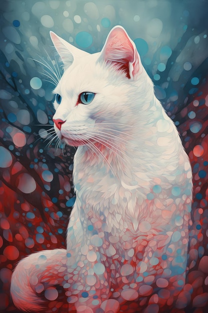 Una pintura de un gato blanco con ojos azules se asienta sobre un fondo rojo y azul.