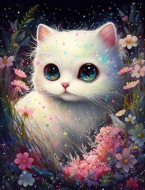 Una pintura de un gato blanco con ojos azules.