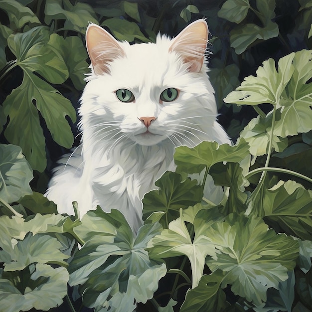 una pintura de un gato blanco con ojos verdes y un ojo verde