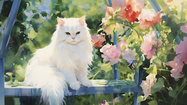 pintura de un gato blanco sentado en un banco azul en un jardín generativo ai