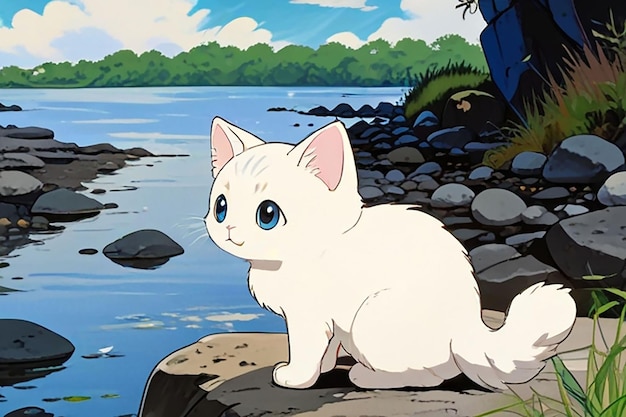 una pintura de un gato blanco sentado en una roca junto a un río