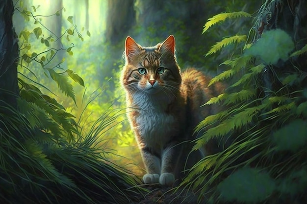 Una pintura de un gato en el bosque.