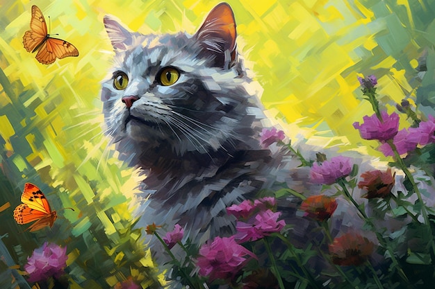Pintura de un gato en un campo de flores con una mariposa generativa ai