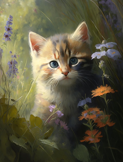 Una pintura de un gato en un campo de flores.