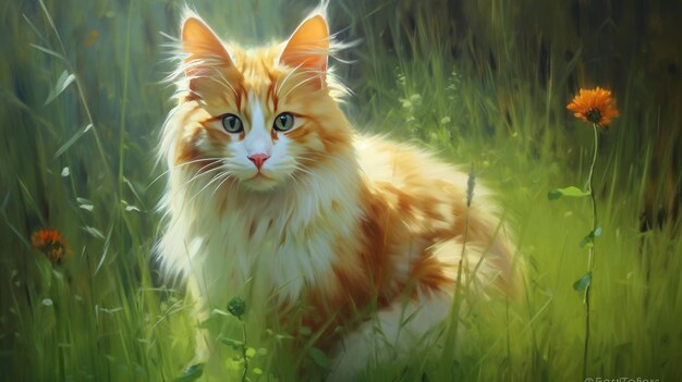 Una pintura de un gato en un campo.