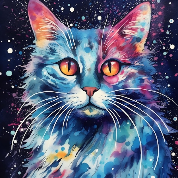 Una pintura de un gato con una cara azul y ojos amarillos.