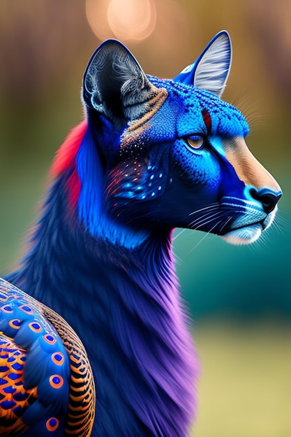 Una pintura de un gato con la cara azul y roja y un pavo real en la espalda.